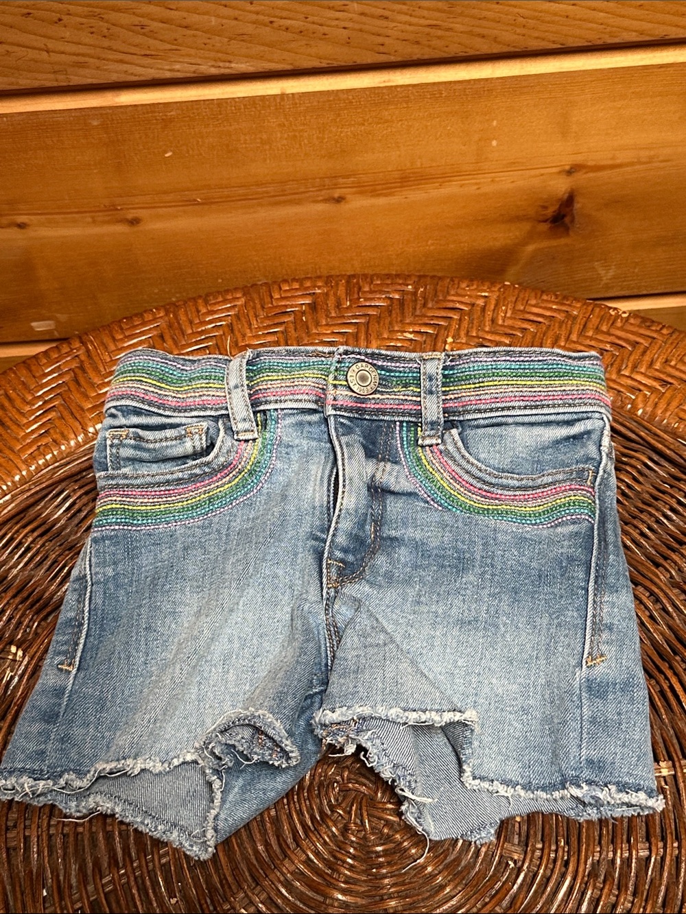 GAP denim rainbow embroidered jean shorts slim patches 5